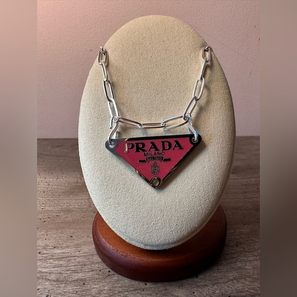 Sterling Silver 18” Paper Clip Chain featuring a Silver/Pink Prada Charm . - Picture 1 of 5